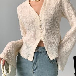 Commense - Semi-Sheer V-Neck Ruffle Long Sleeve Blouse